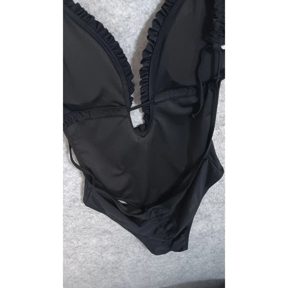 Shein Womens L NWOT Black Deep V One Piece Swimsuit Security Strip In Place